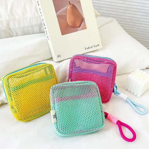 1PZ Pochette Porta Cosmetici in Mesh Quadrata Portatile con Zip, Multiuso