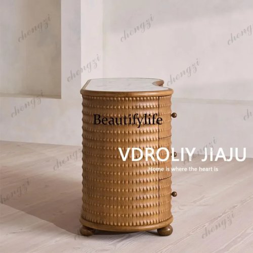 French Vintage Wave-Pattern Solid Wood Chest of Drawers with Marble Top, Curved Entryway Storage Cabinet