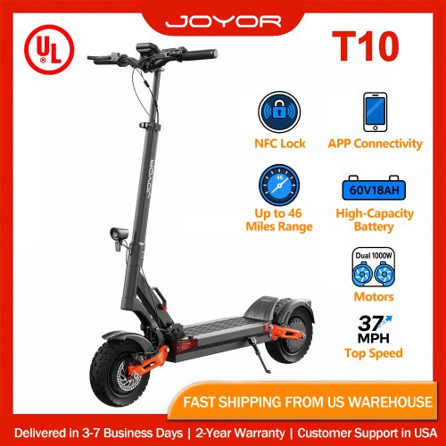 JOYOR T10 Scooter Eléctrico 2000W Doble Motor 60V 18Ah 75 km Llantas Off-Road Tubeless de 10" Frenos Hidráulicos Suspensión Plegable Adultos Heavy Duty Bloqueo NFC Control APP Certificado UL
