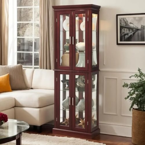 Lighted Curio Cabinet for Living Room, Cherry Wood, Vintage Style, Adjustable Glass Shelves, E26 Lighting Support