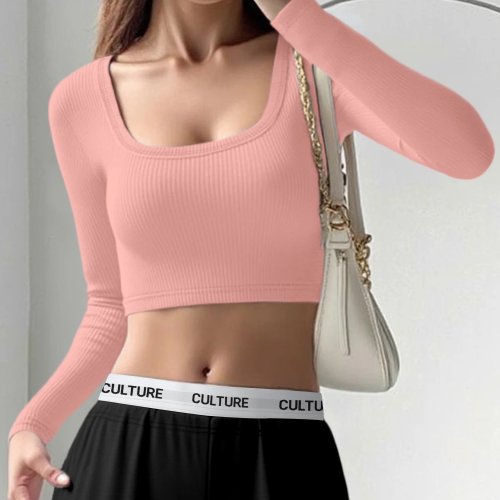 Modny casualowy crop top z prążkowanej dzianiny, t-shirt z długim rękawem i kwadratowym dekoltem na targi i codzienny streetwear