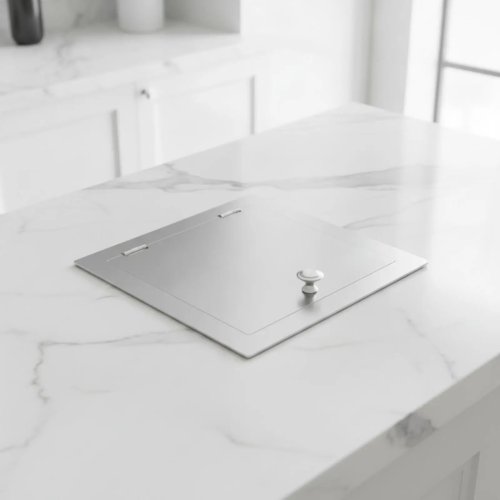 Coperchio quadrato in acciaio inox per pattumiera da incasso con pomello – Sportello ribaltabile per piano di lavoro