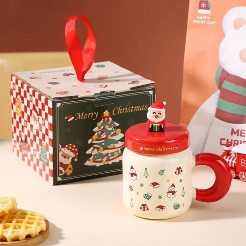 Weihnachtsgeschenk Keramiktasse mit Deckel und Löffel, Cartoon-Tasse für Wasser, Milch, Frühstück, Kreative Neujahrsgeschenke und Souvenirs
