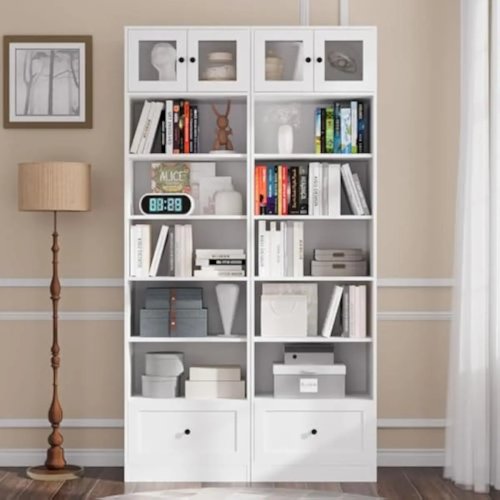 Armario de almacenamiento blanco alto de 217 cm con 7 estantes abiertos y 1 cajón oculto, mueble rectangular de madera de ingeniería