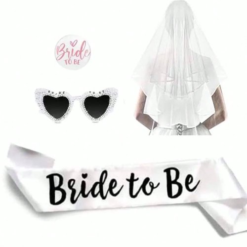 Set 4 accessori per addio al nubilato: badge sposa, fascia, cerchietto e occhiali, decorazioni e regalo per pre-matrimonio e fidanzamento