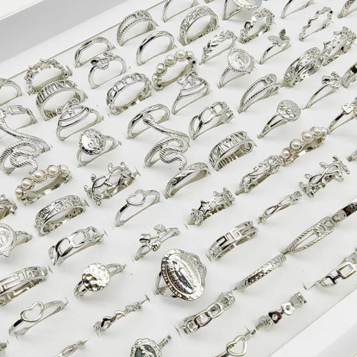 30-Piece Mixed-Style Pearl Silver Rings Set – Animal, Snake Chain, Hollow Leaf, Butterfly & Flower Designs, Party Jewelry Gift for Girls