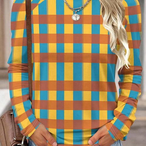 Camicia donna a maniche lunghe fantasia scozzese giallo blu marrone collo rotondo raglan casual autunno top