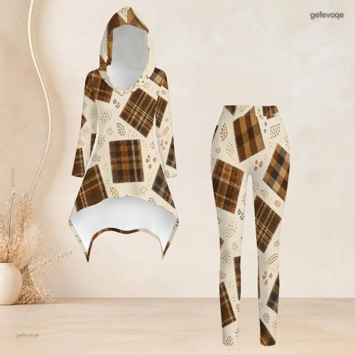 Set 2 pezzi donna: top con cappuccio stampato a maniche lunghe con orlo high-low e leggings aderenti, quadri marroni su base crema