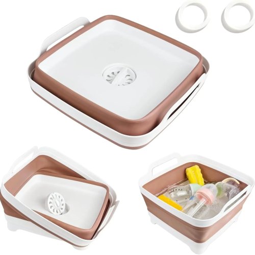 Collapsible Wash Basin for Baby Bottles – 2.4 Gallon Portable Wash Bin for RV, Camping & Sink, Space-Saving Dish Tub (Mocha)