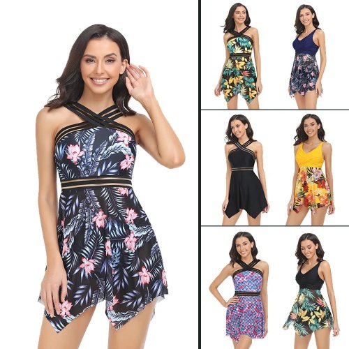 Bộ đồ bơi bikini nữ hai mảnh in hoa viền lưới dây đeo chéo cổ halter quần có váy