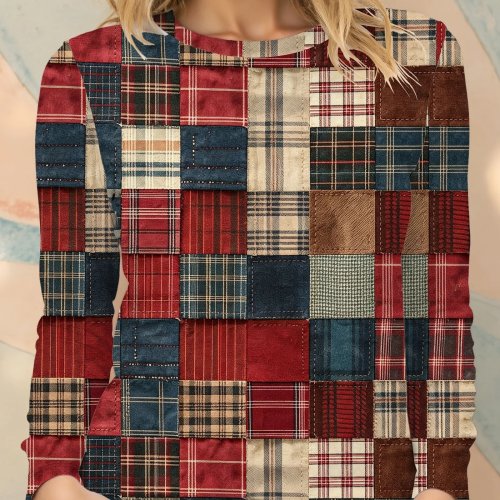 Top donna 2026 maniche lunghe fantasia scozzese patchwork scollo rotondo slim casual festa