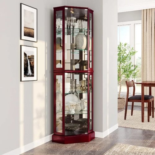 Vitrine de canto iluminada para sala, acabamento cereja, porta de vidro temperado e 6 prateleiras ajustáveis