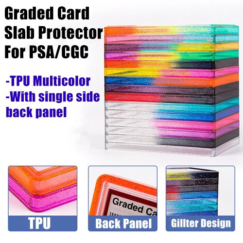 PSA CGC 35PT 鑑定済みカード用スタッカブルスラブケース、TPUバンパープロテクター背面パネル付き、マルチカラーグリッター、PTCG用