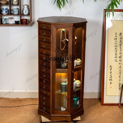 A52 North American Black Walnut Tea Set Storage Cabinet, Solid Wood Rotating Display Cabinet with Glass Door, Multi-Layer Living Room Storage