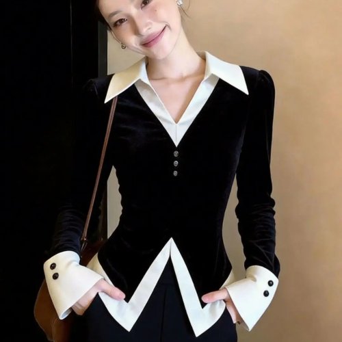 ZONHEMEN Chemisier femme 2026 automne style français velours contraste ceinturé effet faux deux-pièces manches longues coupe slim élégant