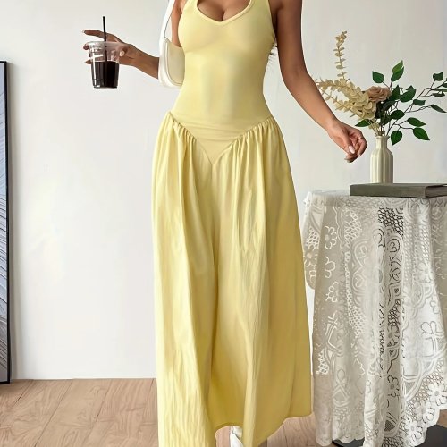 Żółta Sukienka Maxi na Szyi dla Kobiet, Bez Rękawów, Dekolt V, Odkryte Plecy, Krój A, Długa, Casual, Lato, Elegancka, Plaża, Impreza