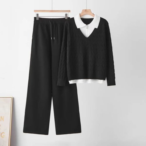 Conjunto de suéter de tejido grueso Twist para mujer, suéter con cuello polo otoño/invierno efecto dos piezas con pantalón ancho, conjunto de 2 piezas