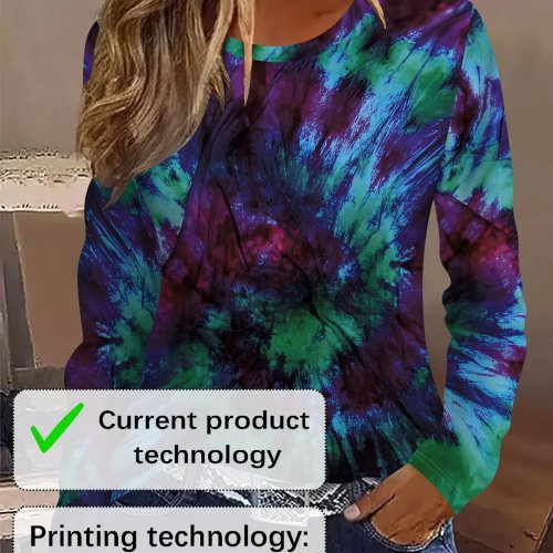 Atasan Blus Wanita Lengan Panjang Motif Tie-Dye Leher Bulat Kasual Longgar Pullover - Ungu Biru Hijau