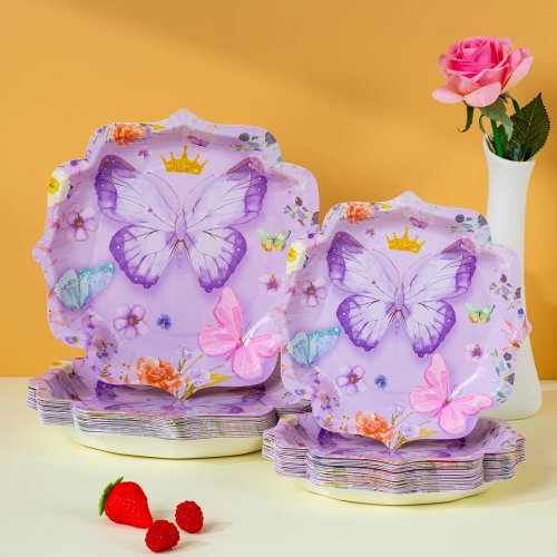 10/25/50 Pcs Purple Butterfly Printed Disposable Paper Plates - Shaped Party Plates for Princess Themed Celebrations