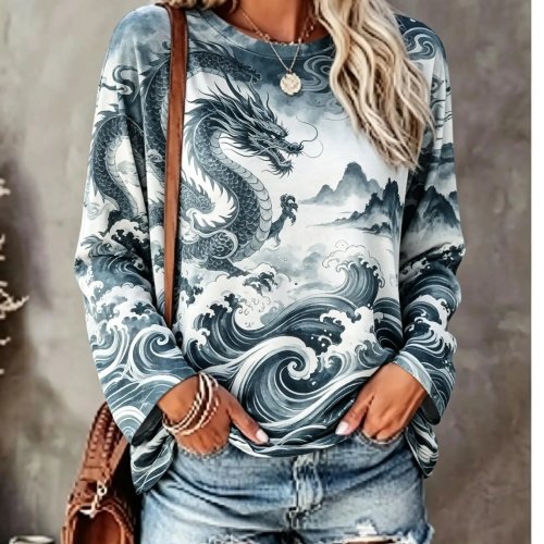 Playera de manga larga para mujer con estampado de dragón chino, olas y montaña estilo tinta, cuello redondo, top casual de otoño