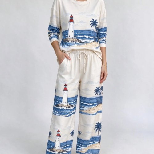 Set pigiama da donna a maniche lunghe effetto cotone, stampa orientale edifici antichi e lago
