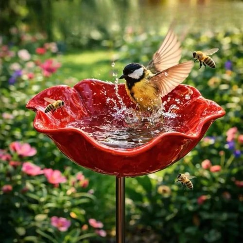Handcrafted Metal Flower Garden Stake with Bird Bath, UV & Rust Resistant
