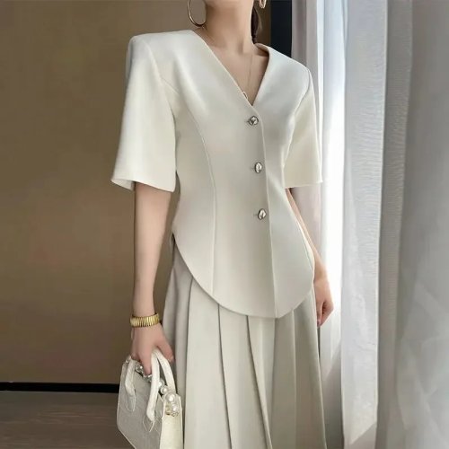 Women's Summer Slim Fit V-Neck Short Sleeve Blazer, Korean Office Casual Thin Jacket