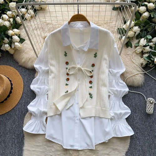 Conjunto de 2 piezas para mujer: chaleco de punto bordado y camisa de manga larga estilo japonesa-coreana para primavera/otoño