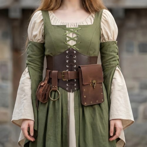 Ensemble d'accessoires de costume style viking médiéval en simili cuir avec corset à lacets, ceinture, pochette et clip de jupe pour fêtes Renaissance et cosplay