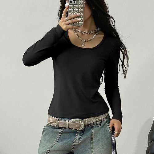 Blusa slim scollo a U alla moda, t-shirt a maniche lunghe elasticizzato per passeggiate in città e appuntamenti casual