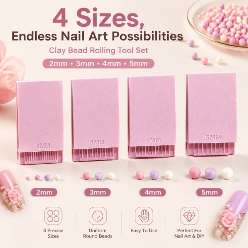 Bộ 4 dụng cụ tạo viên gel đất sét 3D, con lăn hạt nail art cho hoa gel 3D, con lăn đất sét polymer 2/3/4/5mm