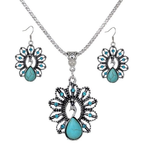Hoa Tai Mặt Dây Chuyền Đá Turquoise Tự Nhiên, Bạc Tây Tạng, Đá Quý Chạm Khắc, Trang Sức Thời Trang Sang Trọng