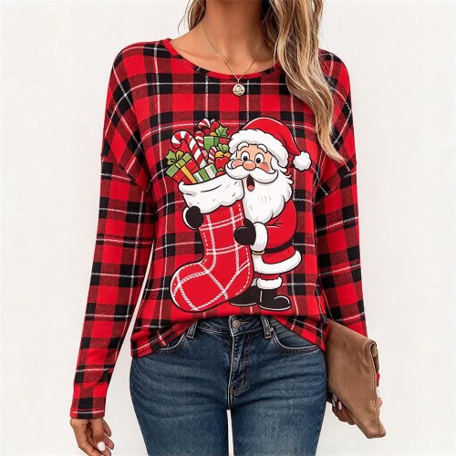 Women's Christmas Santa Claus Long Sleeve T-Shirt Plaid Stripe Graphic Print Casual Pullover Soft Tee