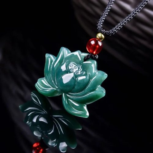 Dây chuyền mặt hoa sen ngọc bích xanh tự nhiên – mặt dây chuyền chạm khắc ngọc jadeite, trang sức bùa may mắn quà tặng nam nữ