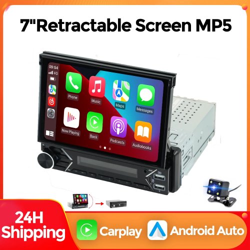 Reproductor MP5 para coche 1DIN pantalla IPS 7" retráctil CarPlay inalámbrico Mirror Link Bluetooth FM GPS
