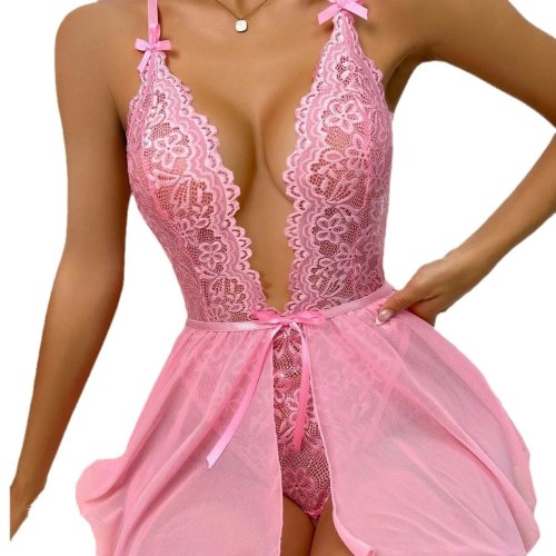 Lingerie Seksi Wanita Bodysuit Transparan Renda V Dalam Tanpa Penutup Satu Bagian Pembentuk Tubuh Stoking Dewasa