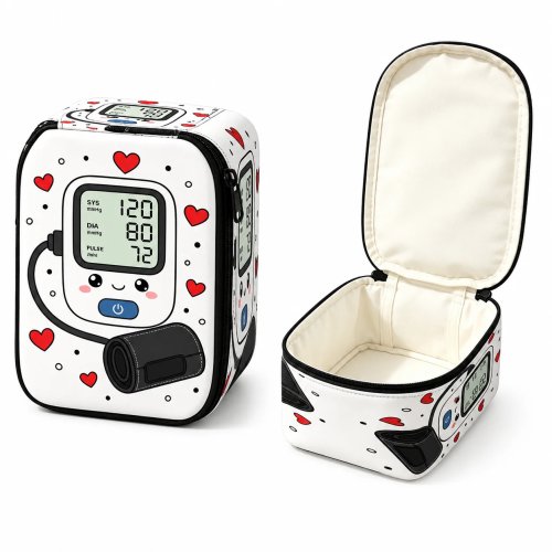Cute White Heart Blood Pressure Monitor Carrying Case, Padded Zipper Organizer Bag for Seniors, Home Care, Clinic & Travel