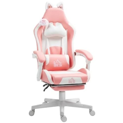 Racing Gaming Chair with Cat Ears, Reclining & Footrest, Pink PU Leather, Ergonomic Adjustable for Esports & Home