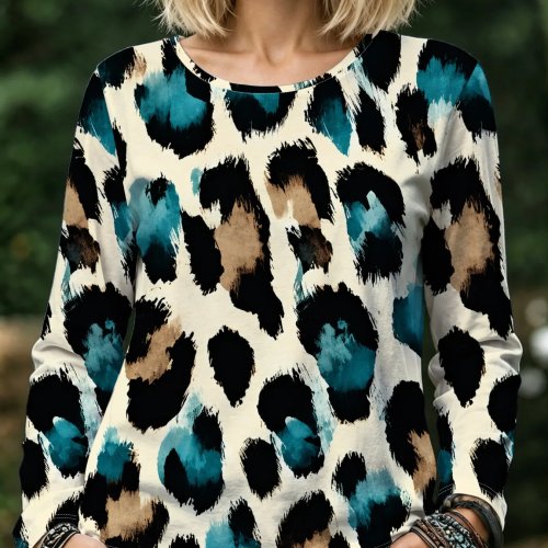 Blusa donna stampa leopardo tie dye, scollo rotondo, maniche lunghe, tasca, top casual ampio