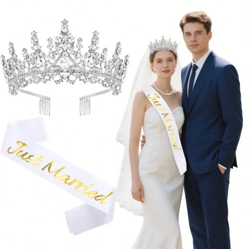 1/2 pièces écharpe Just Married blanche, couronne argentée et lettrage doré pour EVJF et mariage