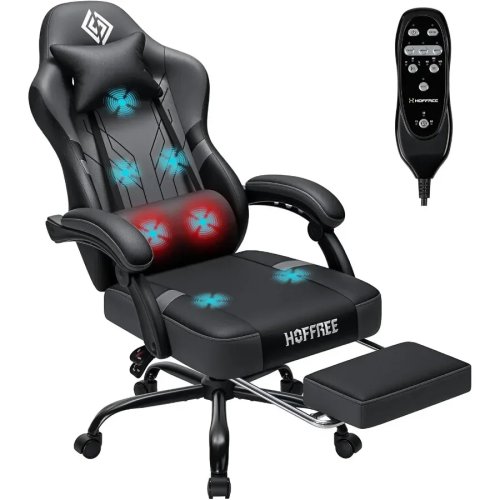 Grey PU Leather Ergonomic Gaming Chair with 7-Point Massage & Heated Lumbar Support for Home Office