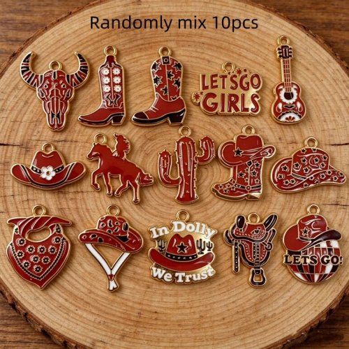 10pcs Mixed Western Cowboy Theme Alloy Enamel Pendants - Cow Skull, Boot, Hat Charms for DIY Necklace & Keychain Making