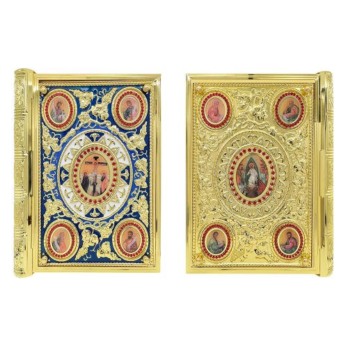 Orthodoxe evangelieboekomslag, verguld, emaille, heiligeniconen, strassteentjes, religieus kerkcadeau, Byzantijnse stijl