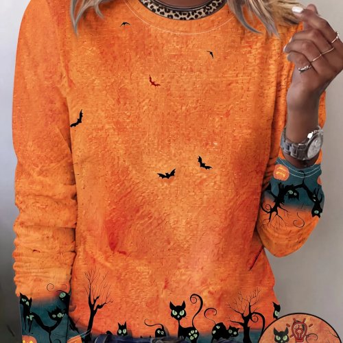 Atasan Wanita Lengan Panjang Motif Halloween Kelelawar Kucing Hitam Crew Neck Kasual Musim Gugur