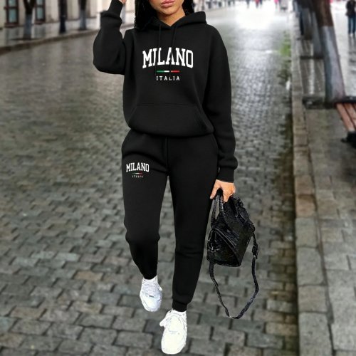 Damen 2-teiliger Trainingsanzug Hoodie und Hose - Herbst Winter Set mit MILANO Schriftzug