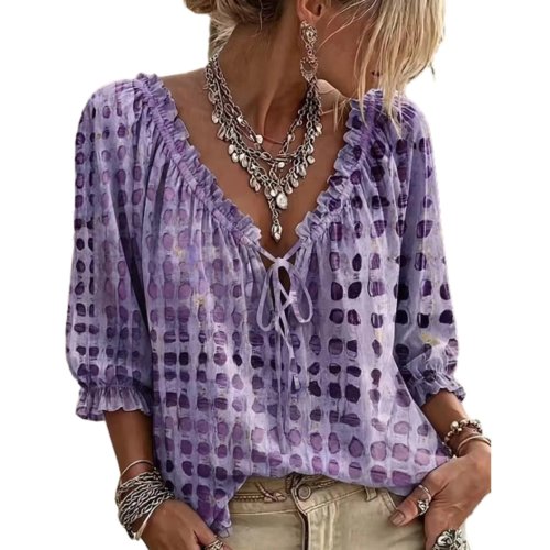 Blusa bohemia de manga corta con volantes, cuello V y amarre al frente, lunares, para mujer