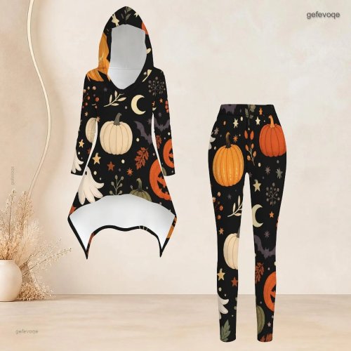 Women's Casual 2 Piece Set Hooded Long Sleeve Asymmetrical Tunic Top and High Waist Slim Leggings Daily Outfit
