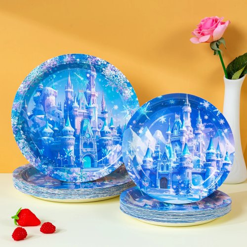 Platos de postre desechables redondos Princesa de Hielo Castillo de Nieve Fiesta de Cumpleaños para Niñas