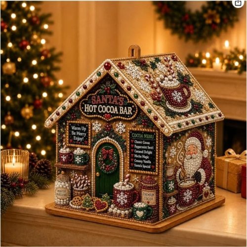 Kit Lukisan Diamond Painting 3D Rumah Kayu Natal Mutiara – Ornamen Gantung DIY Empat Sisi untuk Pohon Natal