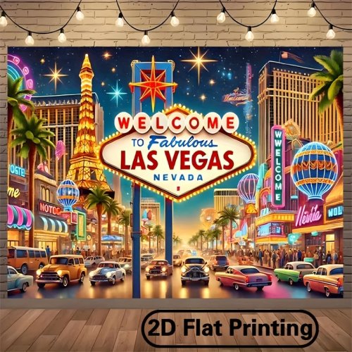 Banner de bienvenida a Las Vegas – Decoración para fiesta de poliéster con luces neón llamativas, 1 pza.